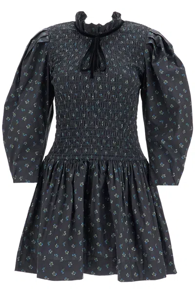 Ganni Printed Cotton Smock Mini Dress Women In Grey