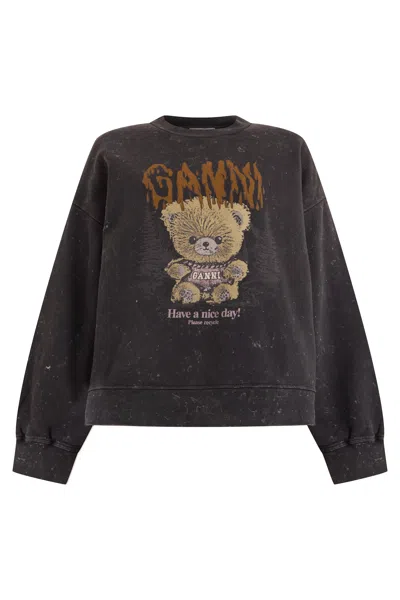 Ganni Printed Cotton Sweatshirt With Graphic Front In Gray