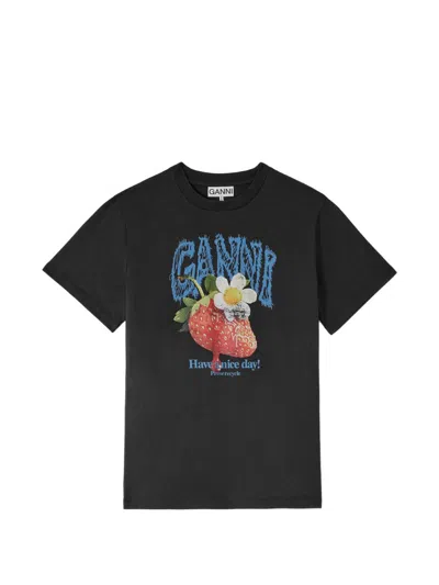 Ganni Printed Cotton T Shirt In Black