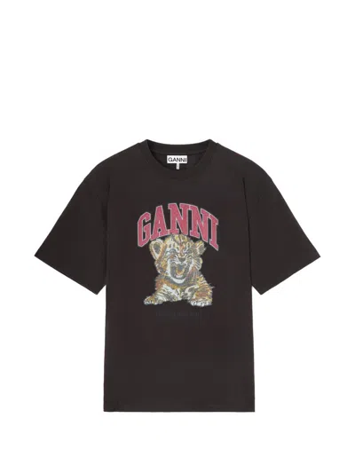 Ganni Printed Cotton T Shirt In Black