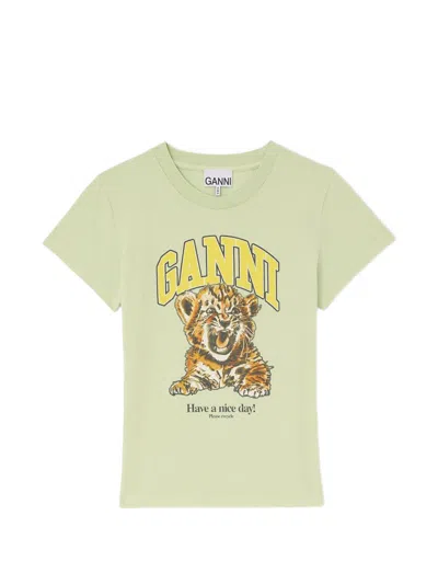 Ganni Printed Cotton T Shirt In Green