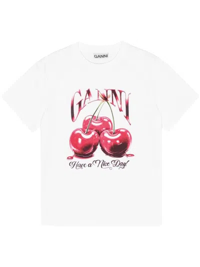 Ganni Printed Cotton T Shirt In White
