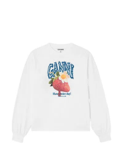 Ganni Printed Cotton T Shirt In White