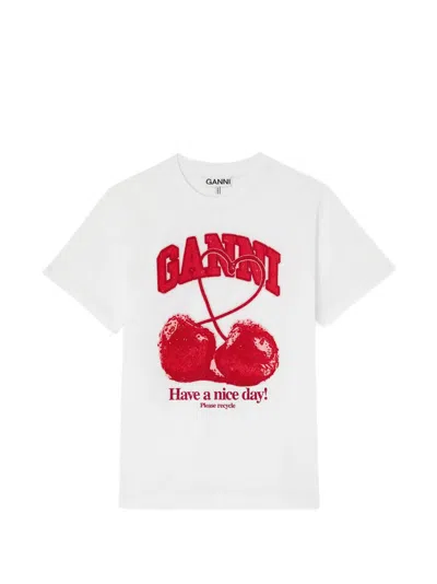 Ganni Printed Cotton T Shirt In White