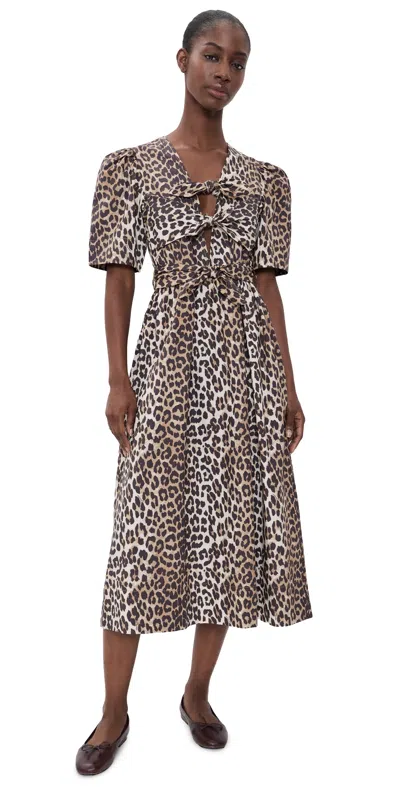 Ganni Belted Bow-embellished Leopard-print Cotton-poplin Midi Dress In Brown