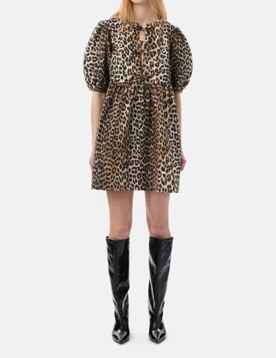 Ganni Printed Cotton Tie String Mini Dress In Leopard In Animal Print