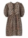 Ganni Brown Leopard Printed Cotton Tie String Minidress In Animal Print