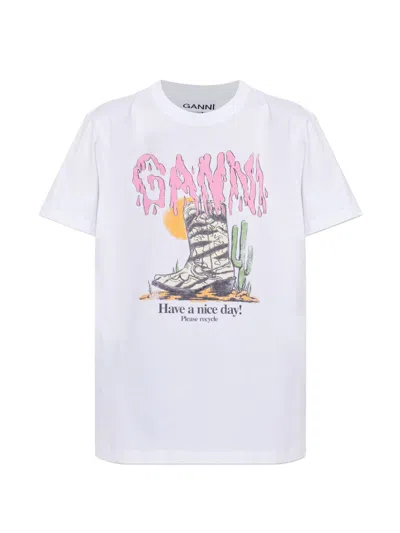 Ganni Printed Cotton T Shirt In White