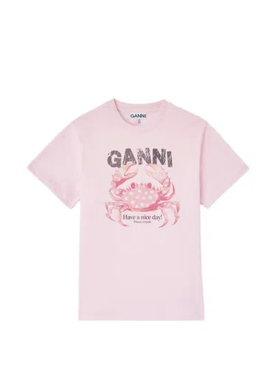 Ganni Printed Cotton T-shirt In Pink