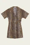 GANNI PRINTED COTTON WRAP MINI DRESS IN LEOPARD