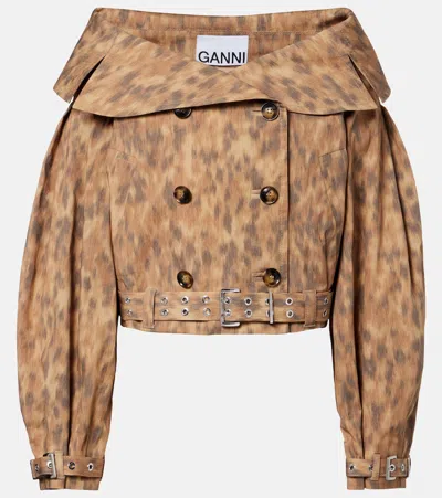Ganni Printed Cotton-blend Jacket In Brown