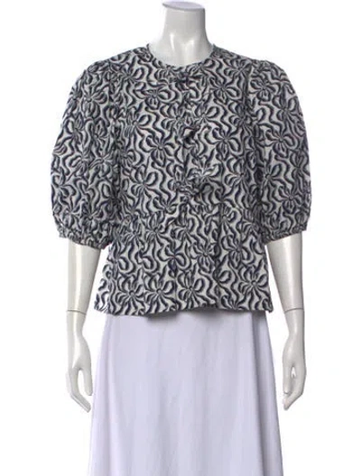 Pre-owned Ganni Printed Crew Neck Blouse In White
