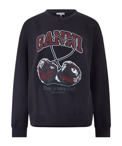Ganni Printed Crew Sweatshirt In Black