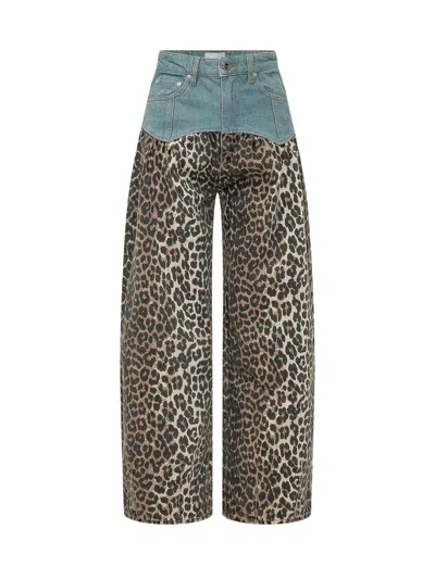 Ganni Printed Denim Corset Jeans In Brown