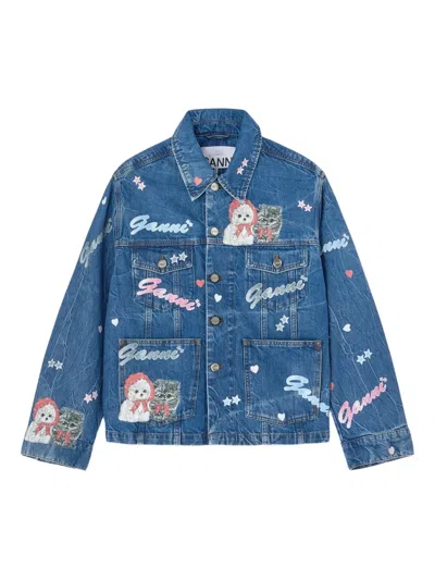Ganni Printed Denim Jacket In Blue