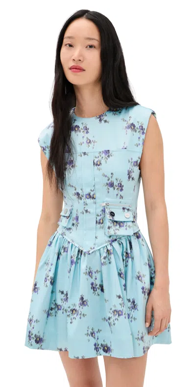 Ganni Printed Double Satin Corset Mini Dress Iced Aqua In Multi