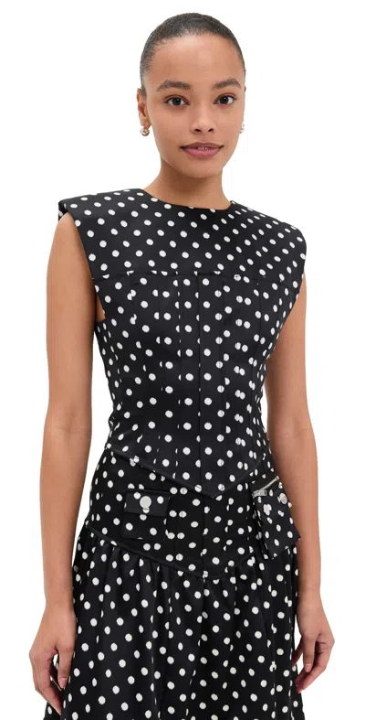Ganni Womens Black Padded-shoulder Polka-dot Satin Corset Top