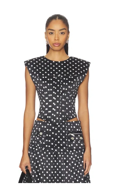 Ganni Womens Black Padded-shoulder Polka-dot Satin Corset Top