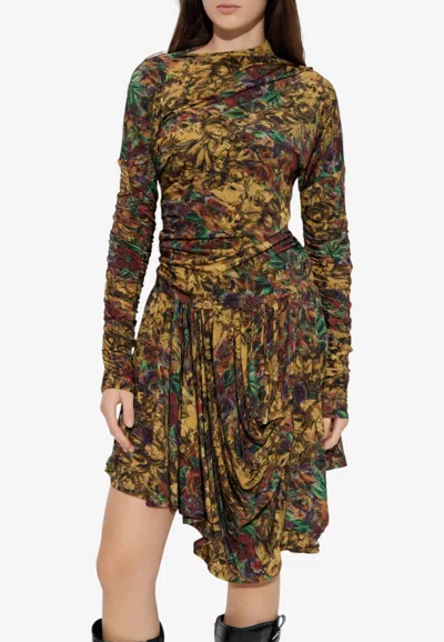 Ganni Printed Draped Dress With Cut-outs In Multi