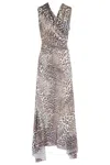 Ganni Brown Long Dress With All-over Leopard Print And Asymmetric Hem In Tech Fabric Woman