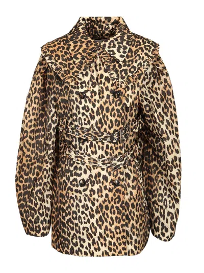 Ganni Printed Duchesse Nylon Short Trench Coats Animalier In Multi