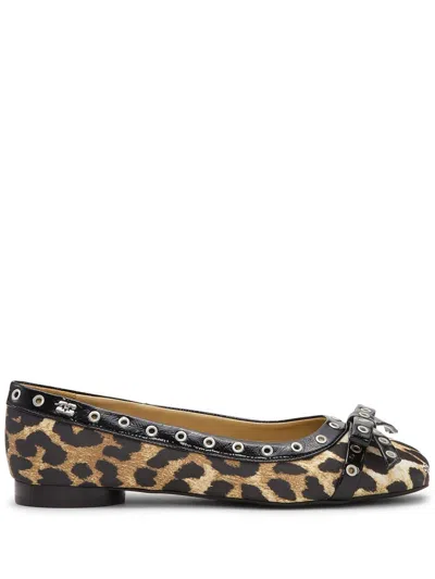 Ganni Eyelet Bow Leopard-print Satin Ballet Flats In Brown