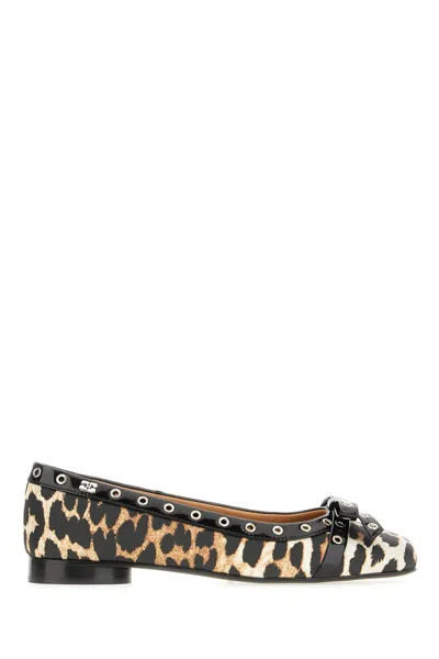 Ganni Printed Fabric Eyelet Bow Ballerinas