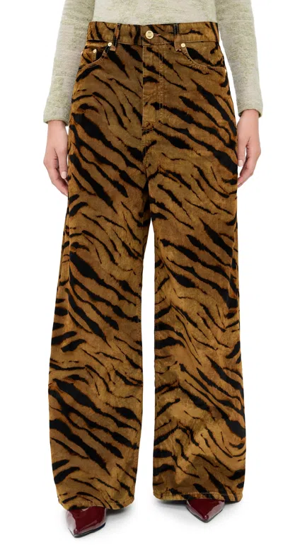 Ganni Zebra-print Cotton-blend Velveteen Wide-leg Pants In Brown