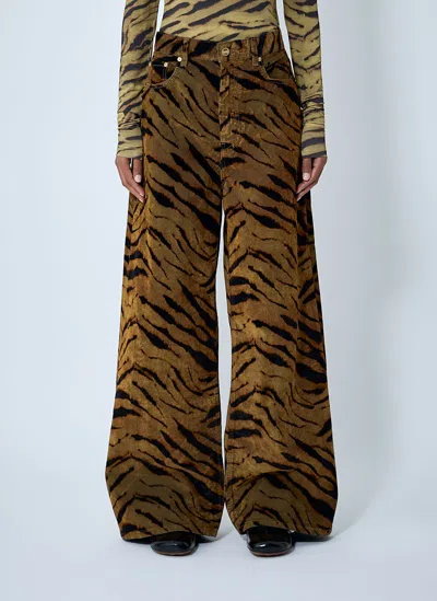 Ganni Zebra-print Cotton-blend Velveteen Wide-leg Pants In Brown