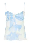 Ganni Ruched Printed Satin Camisole In Light Blue