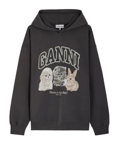 Ganni Printed Hooded Cotton Sweatshirt In Black