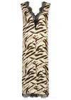 Ganni Zebra Motif Midi Dress V Neckline Sleeveless In Gold