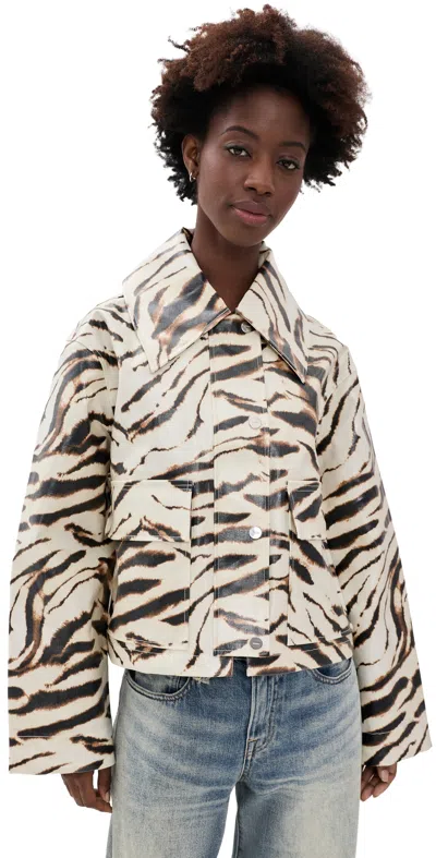 Ganni Printed Laminated Cotton Canvas Barn Jacket Egret In Multi