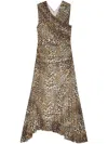 Ganni Brown Long Dress With All-over Leopard Print And Asymmetric Hem In Tech Fabric Woman