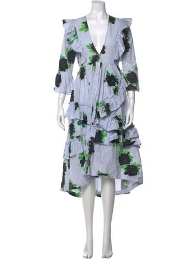 Pre-owned Ganni Printed Long Dress In Blue