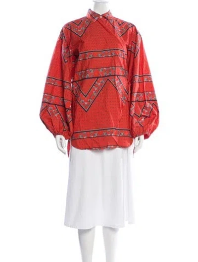 Pre-owned Ganni Printed Long Sleeve Blouse In Orange