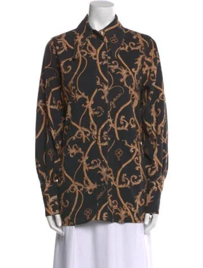Pre-owned Ganni Printed Long Sleeve Button-up Top In Black