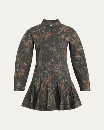 Ganni Printed Long-sleeve Drop-waist Shirtdress In Multi
