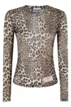 Ganni Leopard Print Long Sleeve Top With Textured Finish