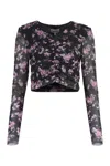 Ganni Black Floral Printed Mesh Ruched Blouse In Grey