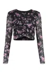 Ganni Black Floral Printed Mesh Ruched Blouse In Grey