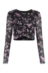 Ganni Printed Mesh Ruched Blouse In Grey
