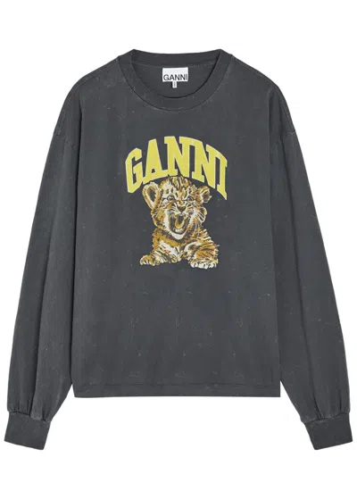 Ganni Printed Long-sleeve Cotton T-shirt In Gray