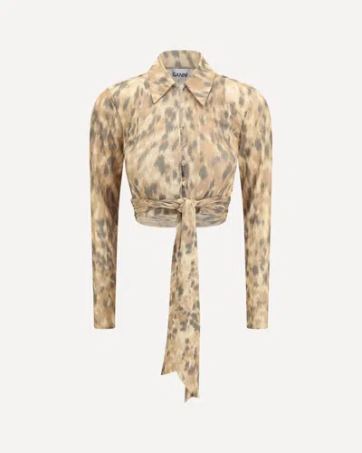 Ganni Printed Marl Mesh Tie Blouse In Neutral