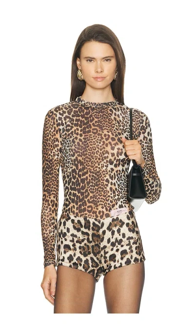 Ganni Printed Marl Mesh Top In Animal Print