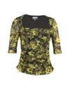 Ganni Square-neck Printed Mesh Blouse In Multicolor Polyamide In Yellow