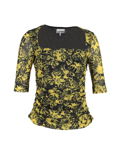 GANNI GANNI PRINTED MESH BLOUSE IN YELLOW POLYAMIDE