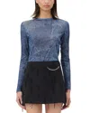 Ganni Marl Mesh Long Sleeve Crew Neck Blouse In Denim In Denim