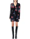 Ganni Ruched Floral-print Stretch-mesh Mini Dress In Black