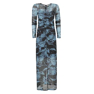 Ganni Printed Mesh O-neck Ruched Long Dress In Blue Shadow